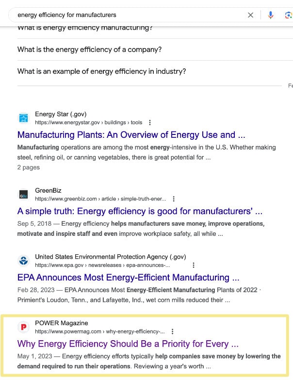 IGS Energy_Search Rankings for Manufacturing Earned Media